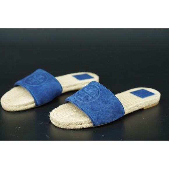Tory Burch Benton Espadrille Slide Sandals Size 5.5 Blue Band $255 Logo NIB - Picture 7 of 11